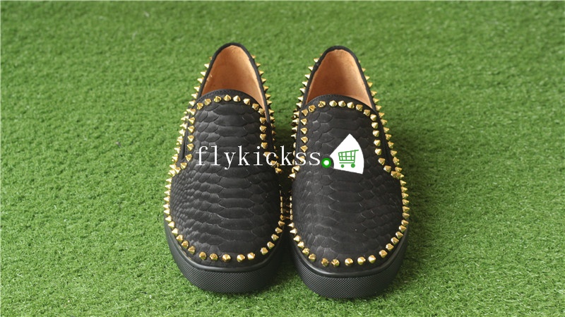 Christian Louboutin Low Spikes Python Leather Pik Boat Flat Black Casual Shoes Golden Rivets